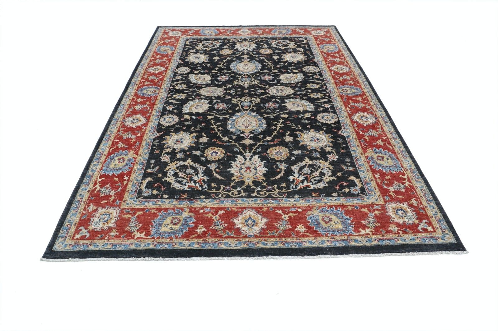 Tapis turc à motifs floraux noué à la main, fond noir et bordure rouge, 2 x 2,95 m photo Textiles