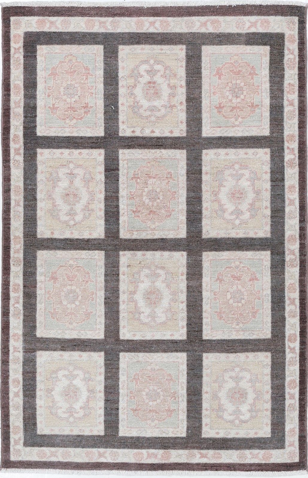 3x5 Ft Handgeknoopt Bruin, Ivoor, Roze Vloerkleed. Turks Paneelmotief Accentkleed