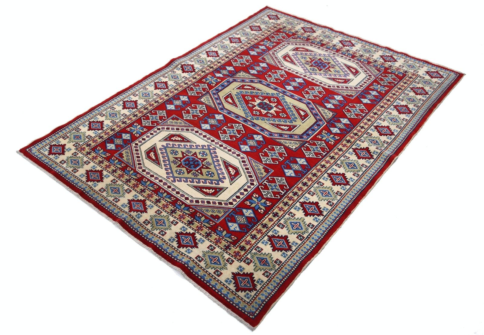 Tapis d'appoint en laine noué à la main, rouge, bleu marine, ivoire et bleu clair, 1,27 x 1,76 m photo for sale