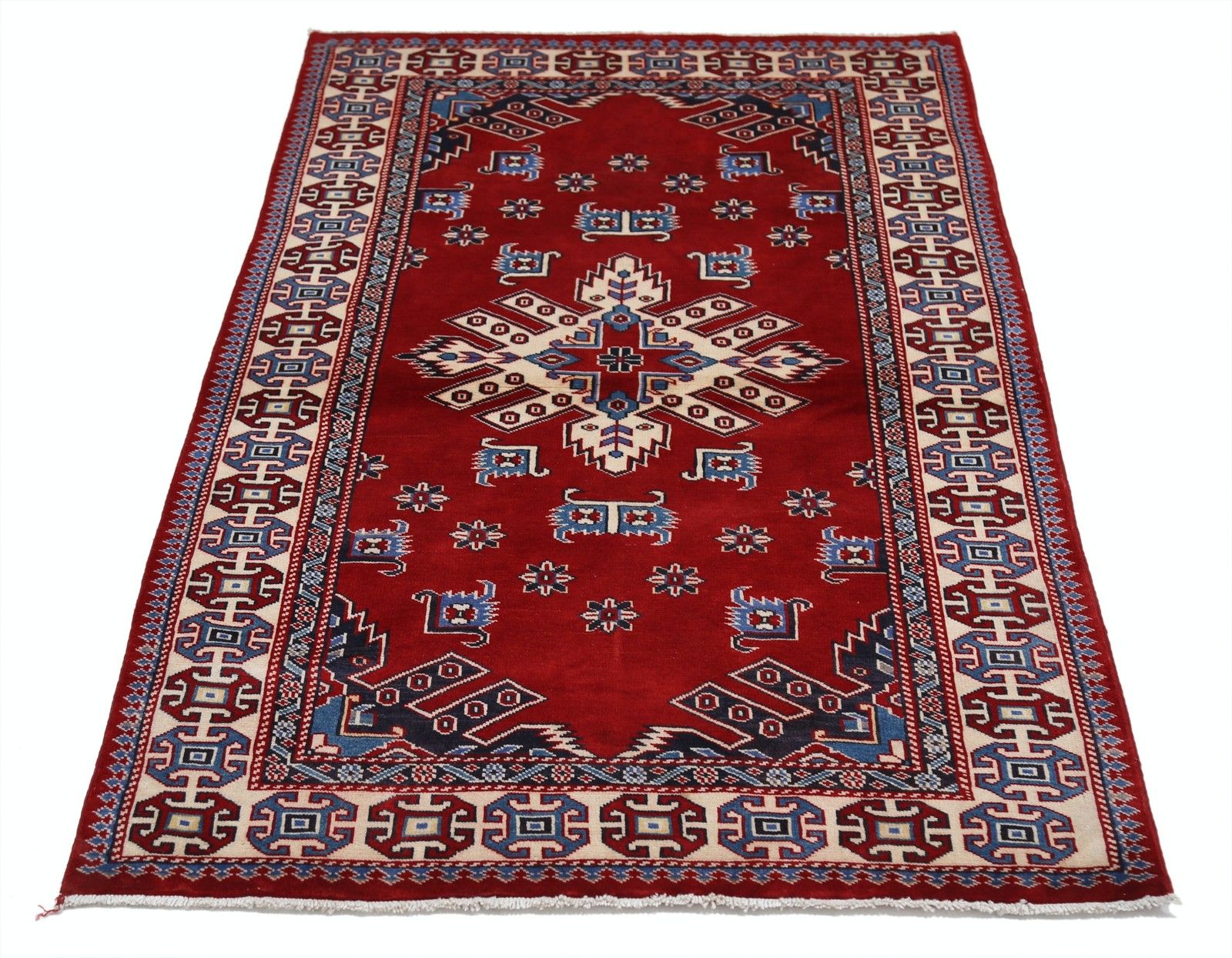 Tapis d'accent tribal noué à la main, rouge, bleu marine, ivoire et bleu clair, 97 x 150 cm photo Textiles