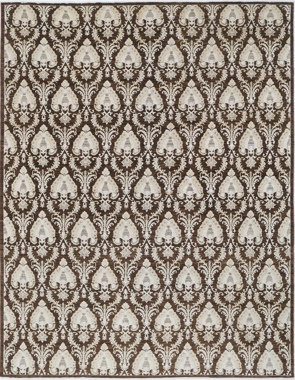 Tapis en laine noué à la main, brun et ivoire, motifs ornementaux traditionnels - 275 x 356 cm
