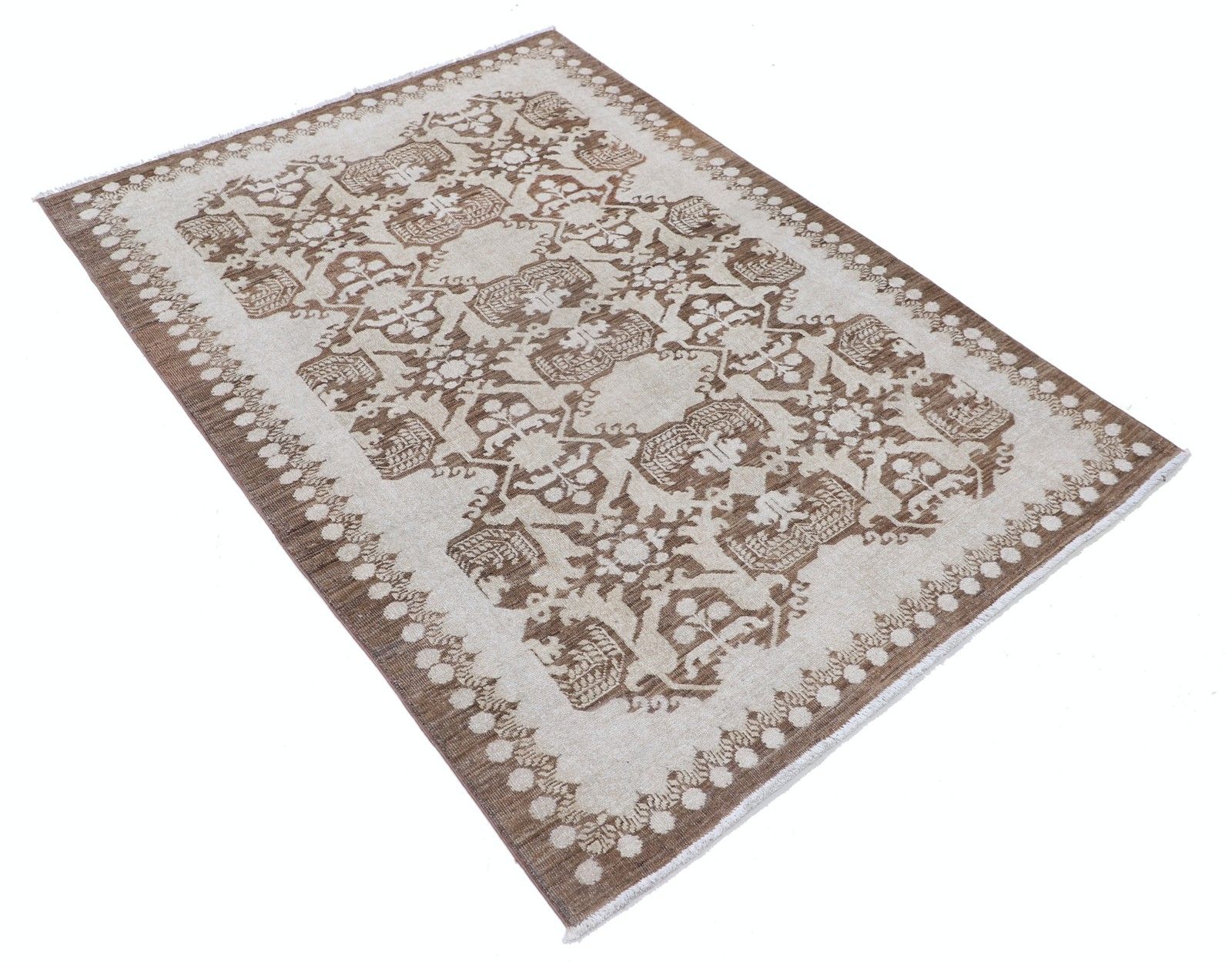 4,2x5,7 ft traditioneel handgeknoopt bloemmotief vloerkleed, bruin en ivoor, wol photo furniture