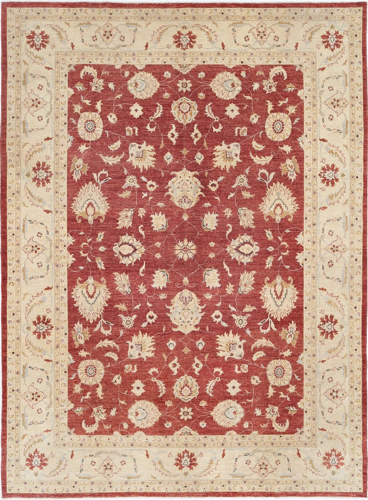 9x12.2 Ft Hand Knotted Floral Turkish Area Rug With Red Field And Ivory Border