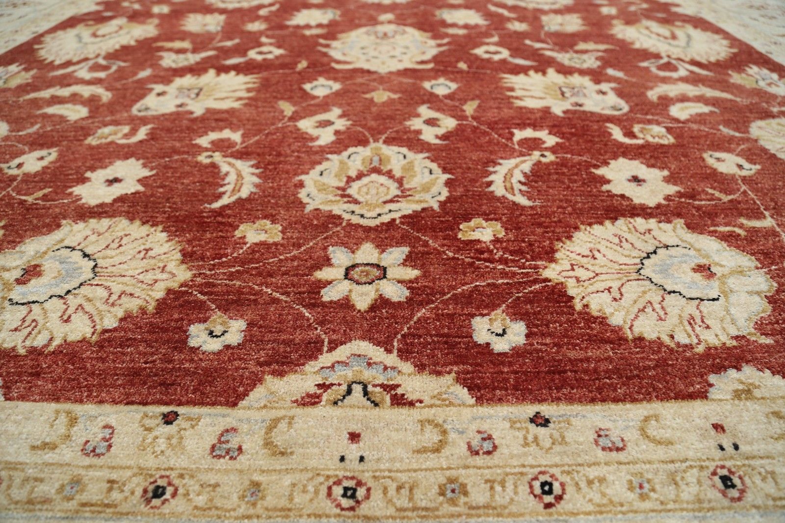 9x12,2 ft Handgeknoopt Bloemen Turks Vloerkleed Met Rood Veld En Ivoren Rand photo 5373.0