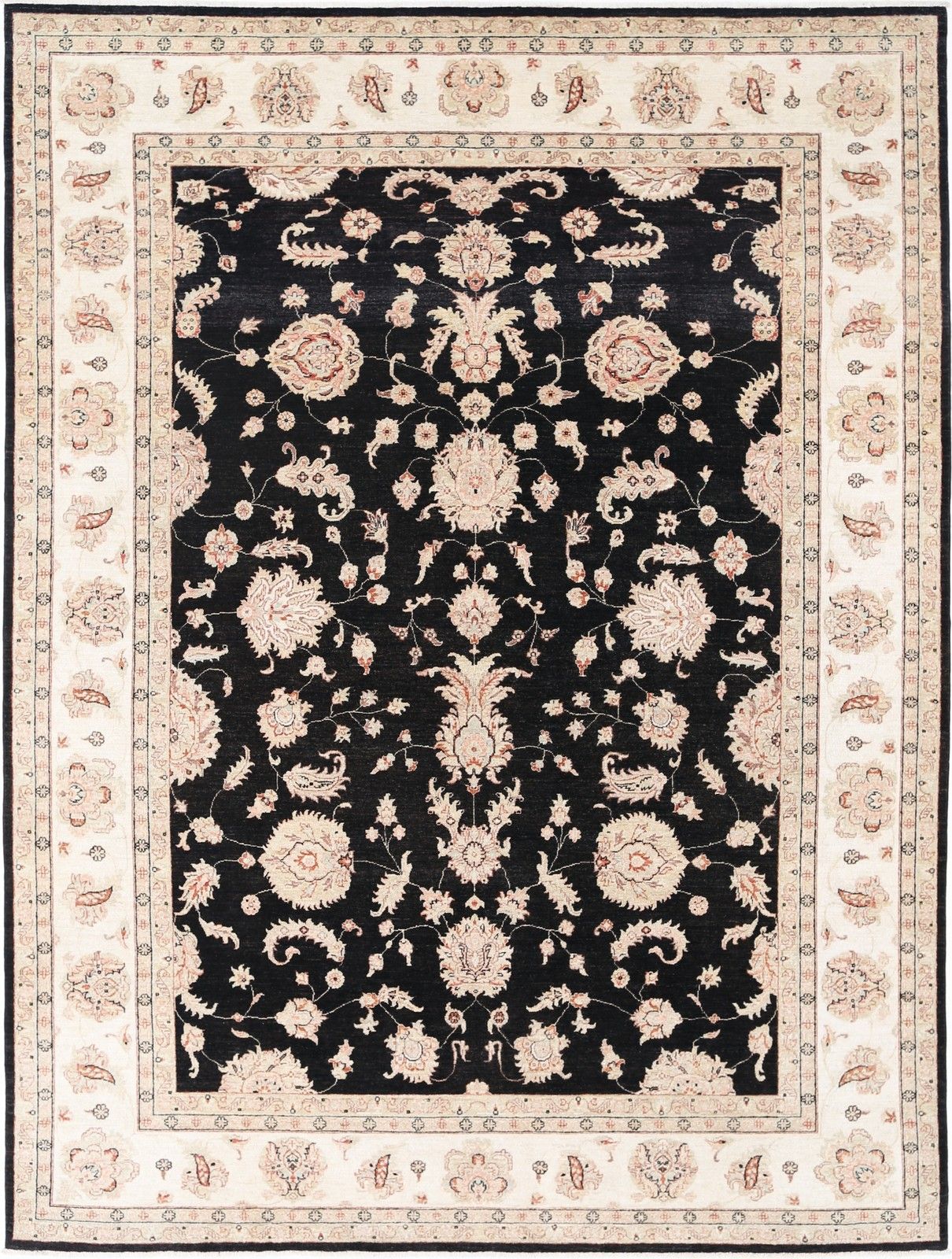 9x12.2 Ft Hand Knotted Floral Turkish Area Rug With Black Field And Ivory Border