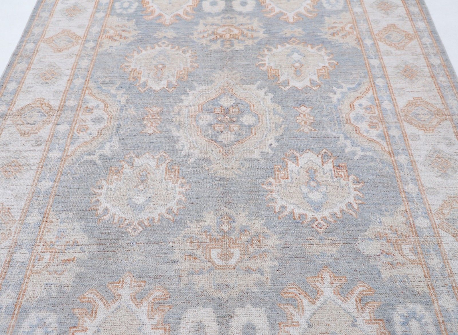 6.2x9 Ft Handknotted Light Blue, Beige Rug With Soft Peach Geometric Motifs photo for sale