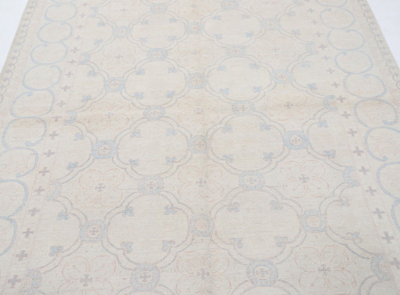 6x8.6 Ft Hand Knotted Beige Turkish Oushak Rug With Light Blue Geometric Motifs photo for sale