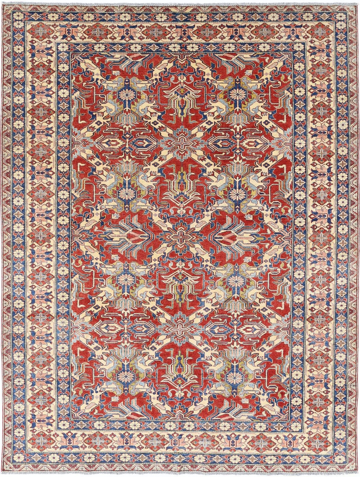 8x10.6 Ft Hand Knotted Tribal Rug In Red, Ivory And Blue. Traditional Carpet