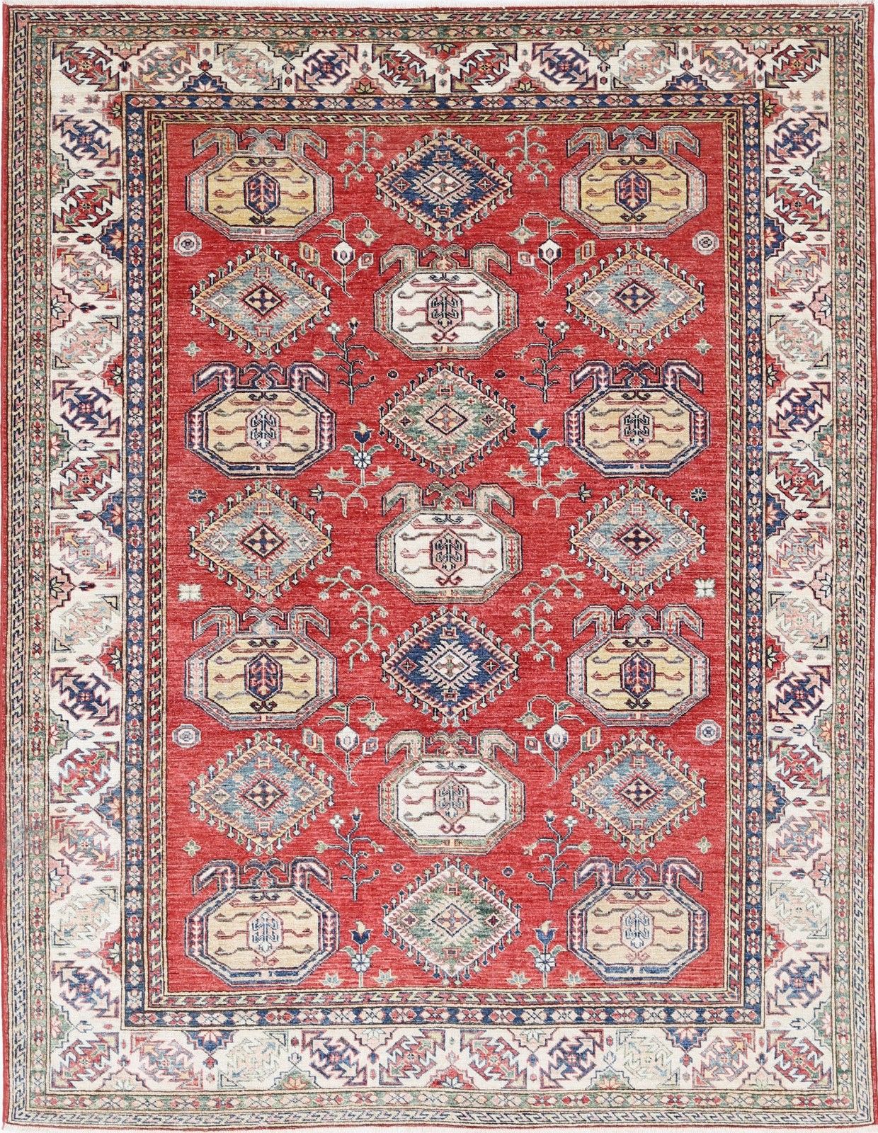 6.6x8.6 Ft Handknotted Red, Ivory, Navy Blue Wool Area Rug With Geometric Design