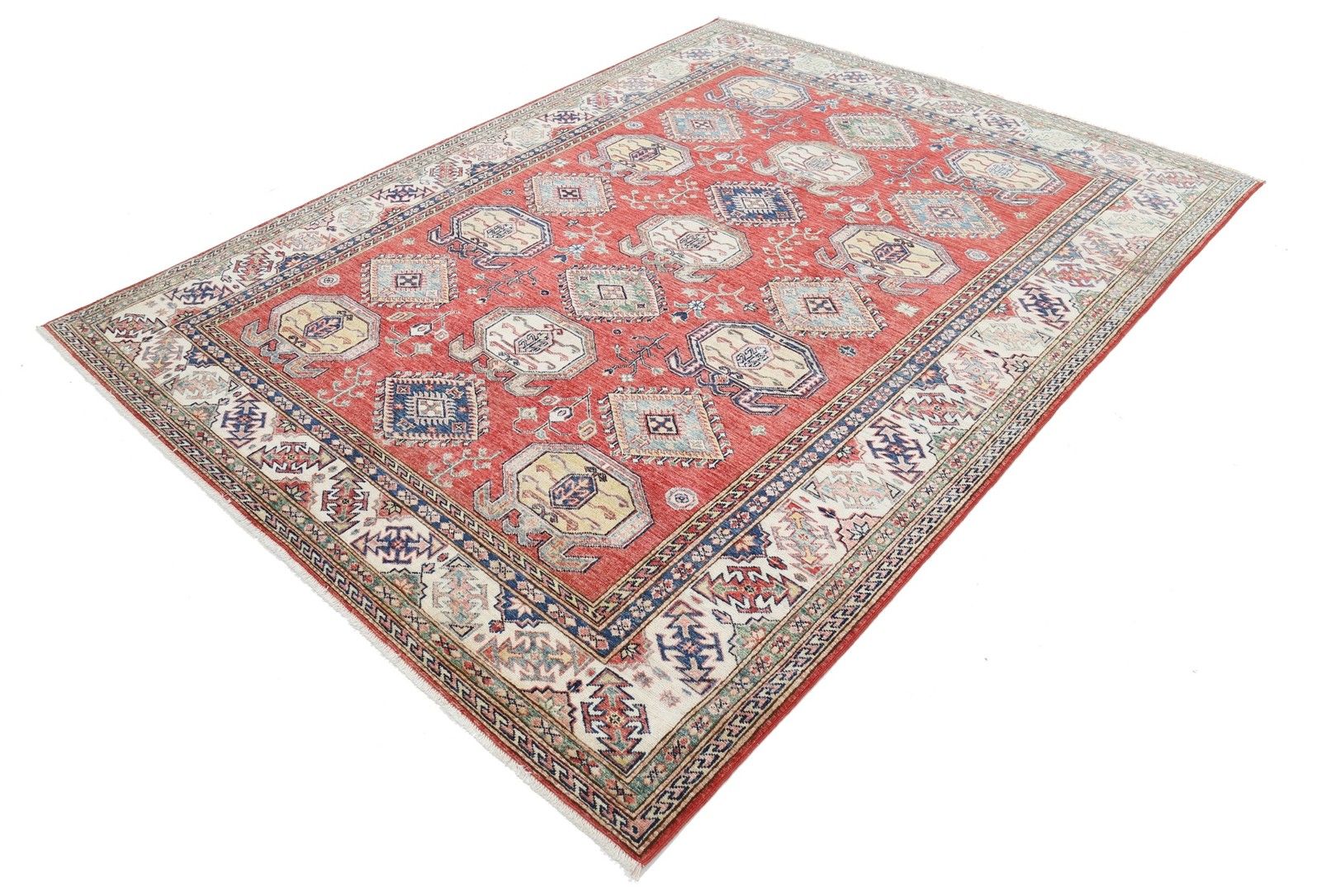 Tapis en laine noué à la main, rouge, ivoire et bleu marine, à motif géométrique, 2 x 2,6 m photo for sale