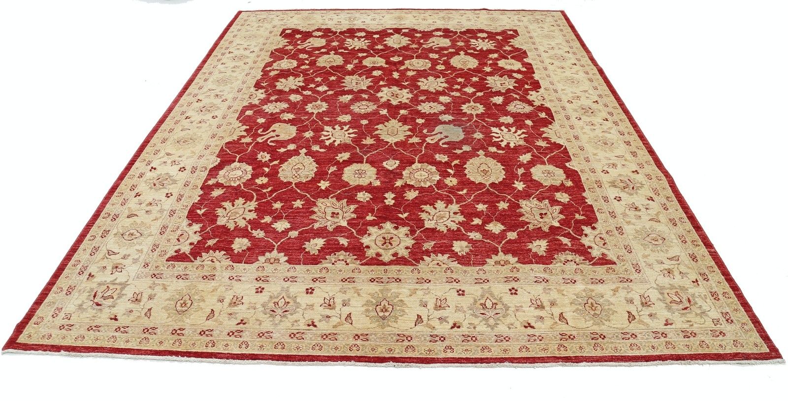 Tapis de sol turc noué à la main, motif floral, fond rouge et bordure ivoire, 2,39 x 3,13 m photo Textiles