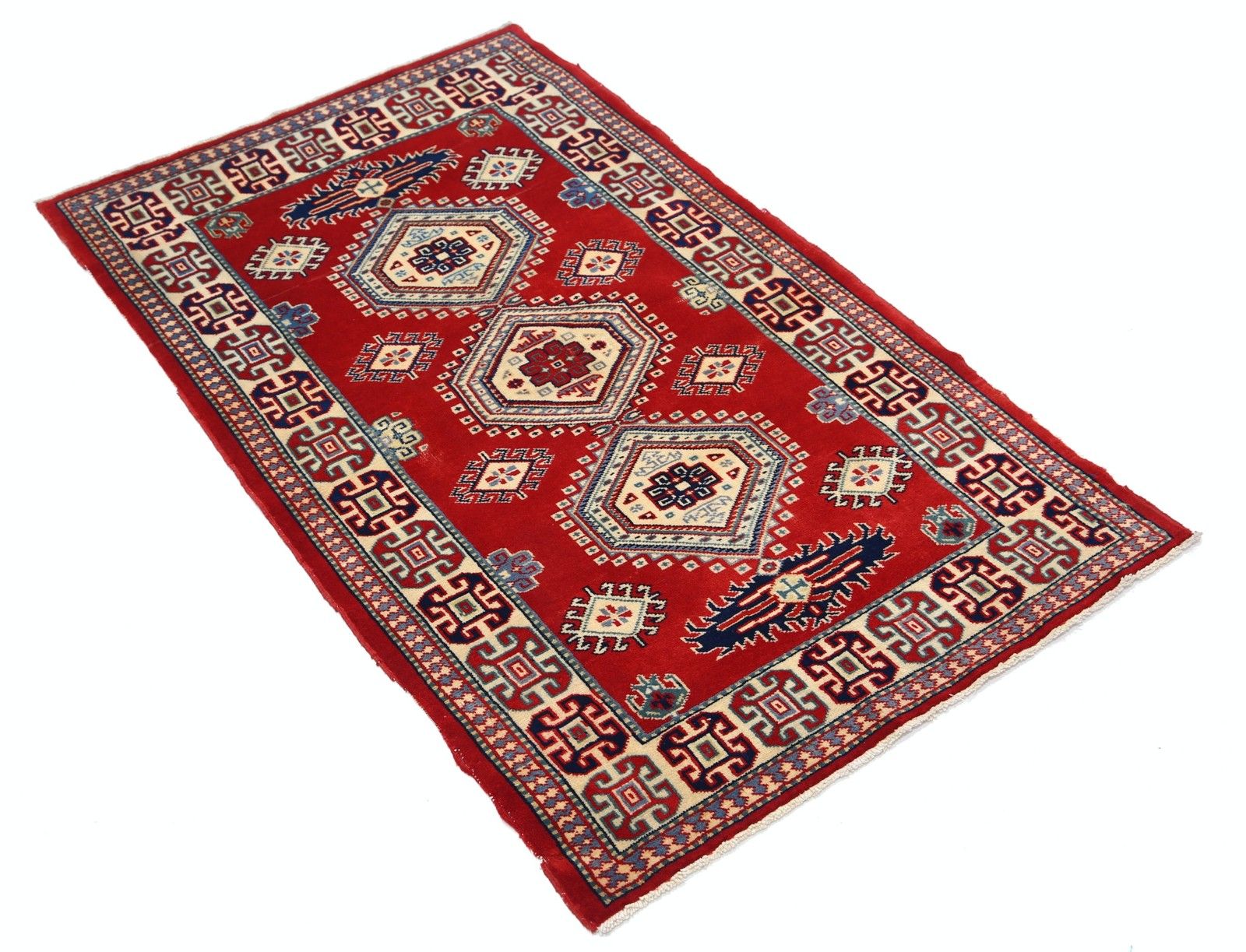 Tapis en laine noué à la main, style tribal, 74 x 130 cm (2,5 x 4,3 pi), rouge, bleu marine, ivoire, bleu clair photo furniture
