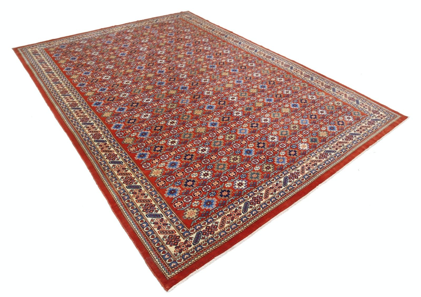 7.5x10.2 Ft Hand Knotted Geometric Tribal Area Rug In Rust Red, Navy Blue, Beige photo furniture
