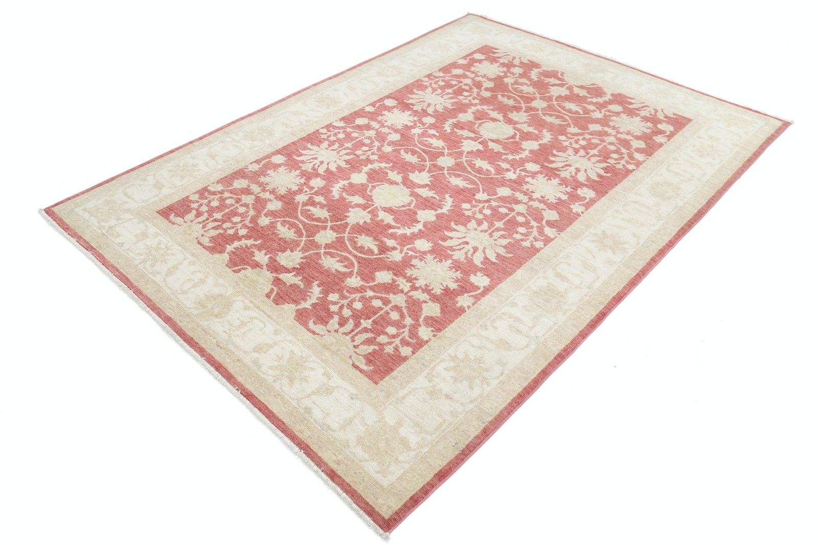 5.6x7.8 Ft Hand Knotted Floral Turkish Oushak Rug, Red Ivory Large Area Rug photo for sale