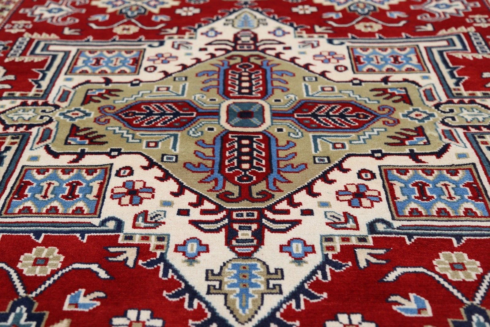 4,2x6,2 ft handgeknoopt tapijt in rood, marineblauw en ivoor. Tapijt met geometrisch medaillonmotief photo 1240.0