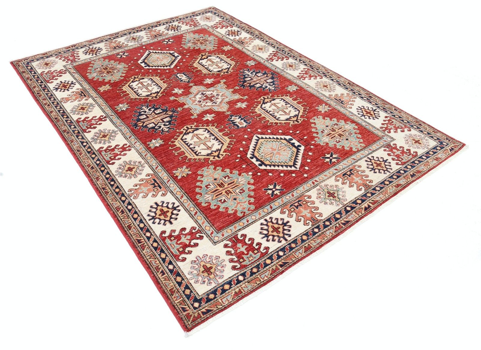 5.8x7.7 Ft Handknotted Red, Ivory, Navy Blue Wool Area Rug With Geometric Design photo furniture