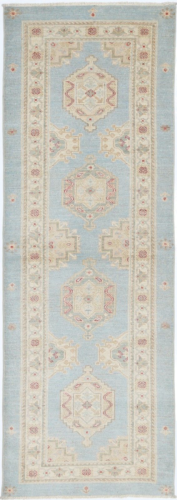 2,7x8 ft lichtblauw, beige, rood loperkleed. Handgeknoopt gangkleed. Keukenkleed