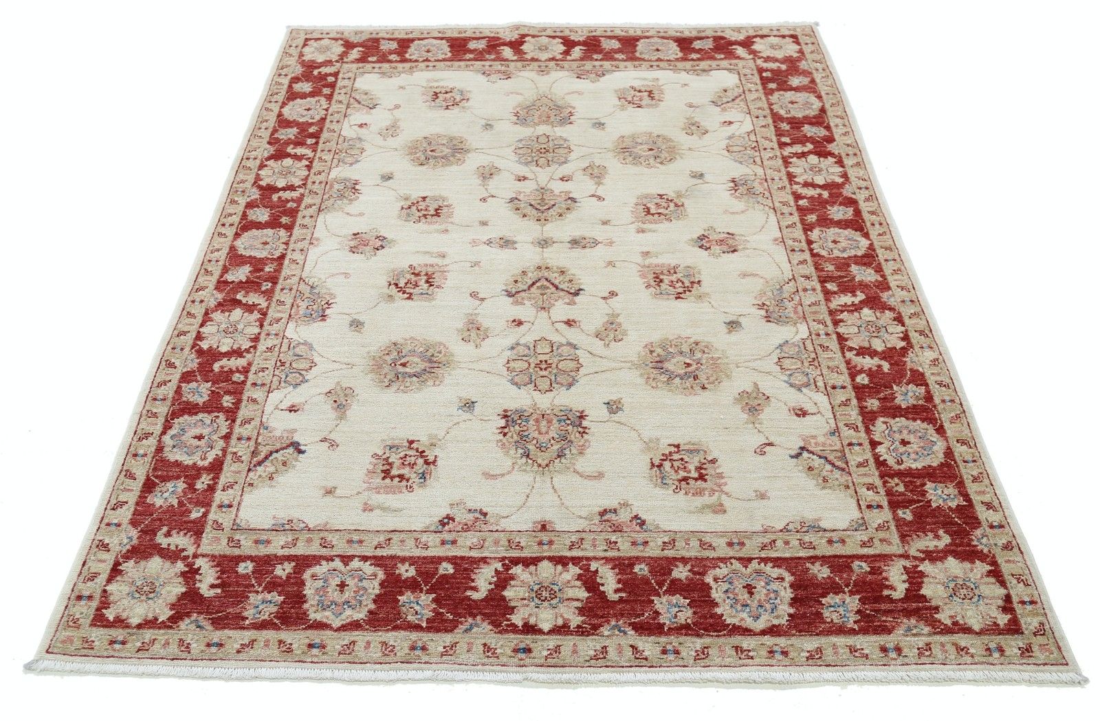 5x6.6 Ft Hand Knotted Oushak Style Area Rug With Red Border And Ivory Field photo Textiles