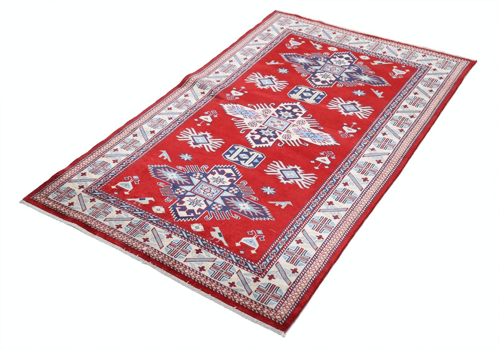 Tapis d'accent tribal noué à la main, rouge, bleu marine, ivoire et bleu clair, 97 x 150 cm photo furniture