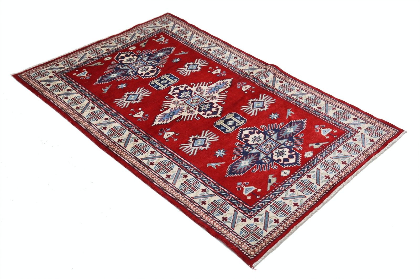 Tapis d'accent tribal noué à la main, rouge, bleu marine, ivoire et bleu clair, 97 x 150 cm photo for sale