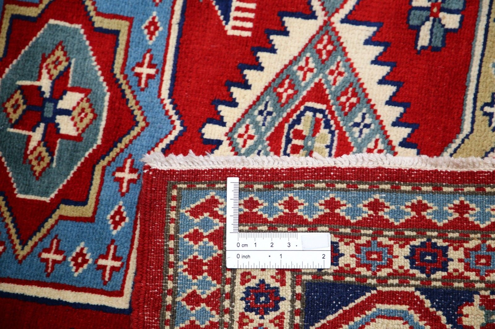 4.2x6 Ft Hand Knotted Red, Blue And Beige Accent Rug With Tribal Motif photo buy