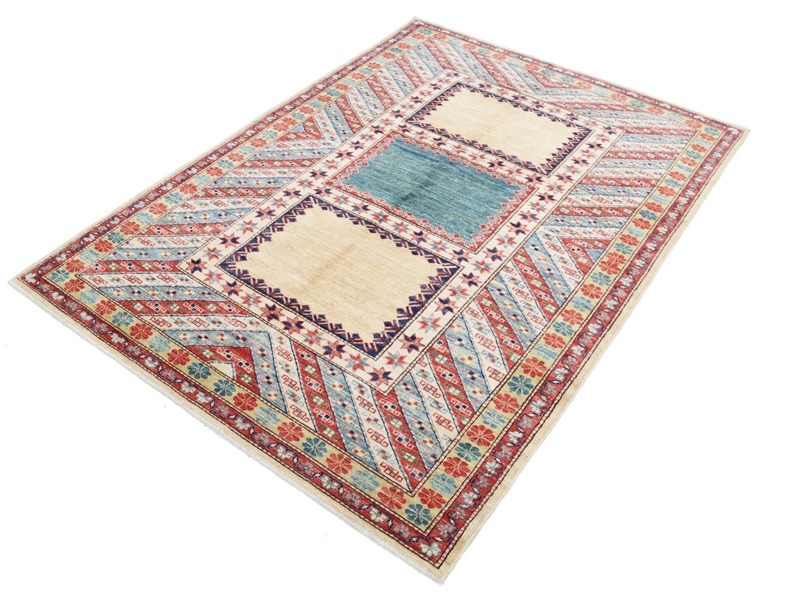 Tapis en laine fait main, rouge, bleu clair et ivoire, à motifs géométriques, 4,8 x 6,5 ft photo furniture