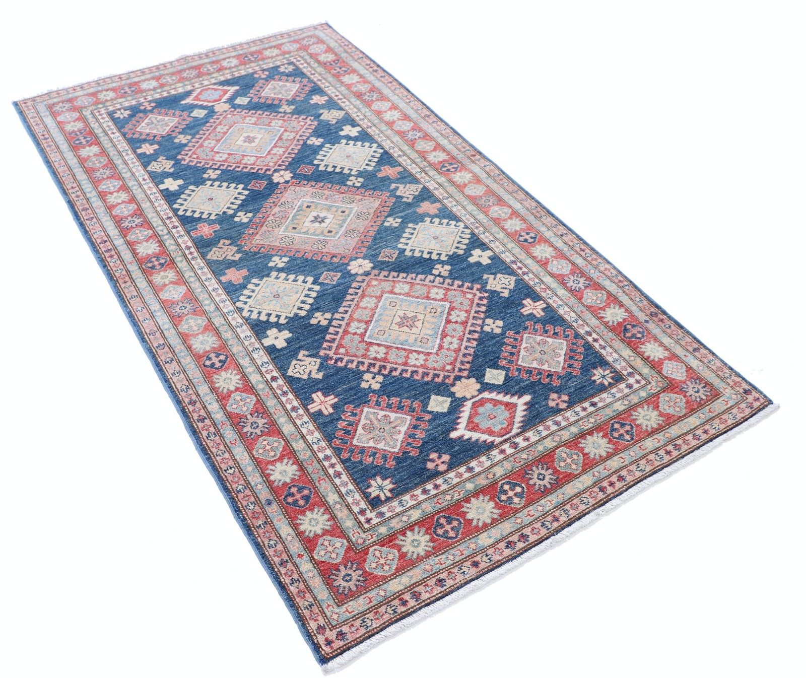 Tapis en laine noué à la main, bleu marine, rouge et ivoire, à motif géométrique - 1,07 x 1,94 m photo furniture