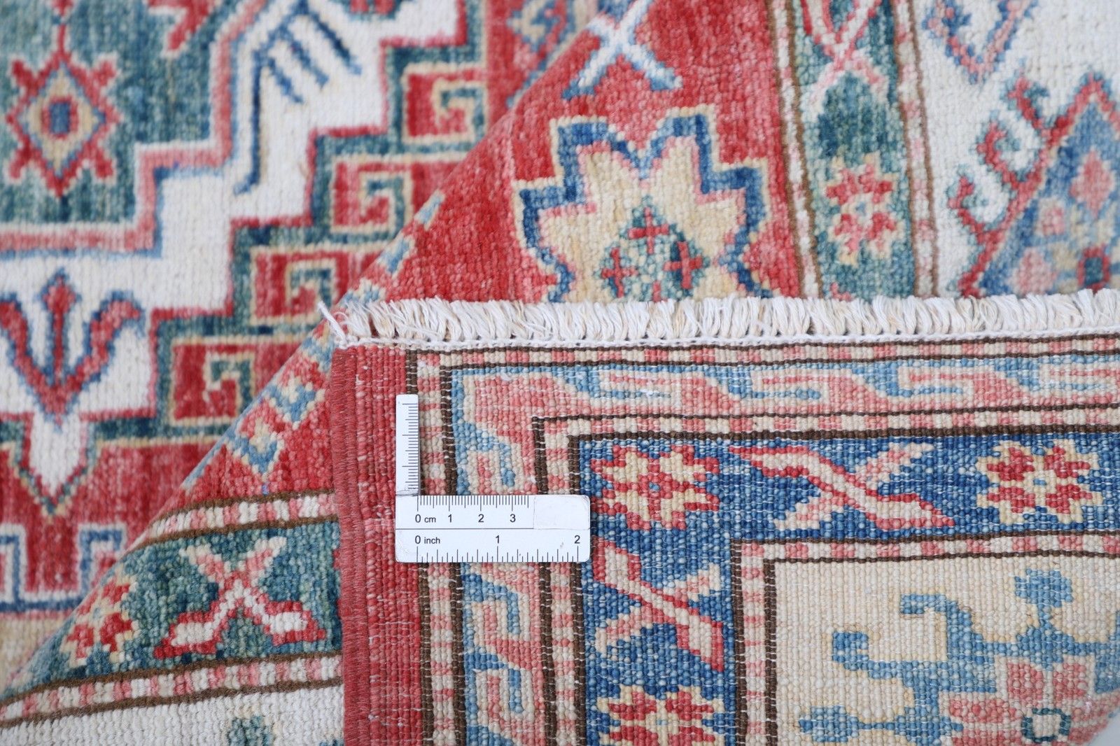 Tapis de zone artisanal 150 x 206 cm, rouge, bleu clair et ivoire, tapis géométrique turc photo buy