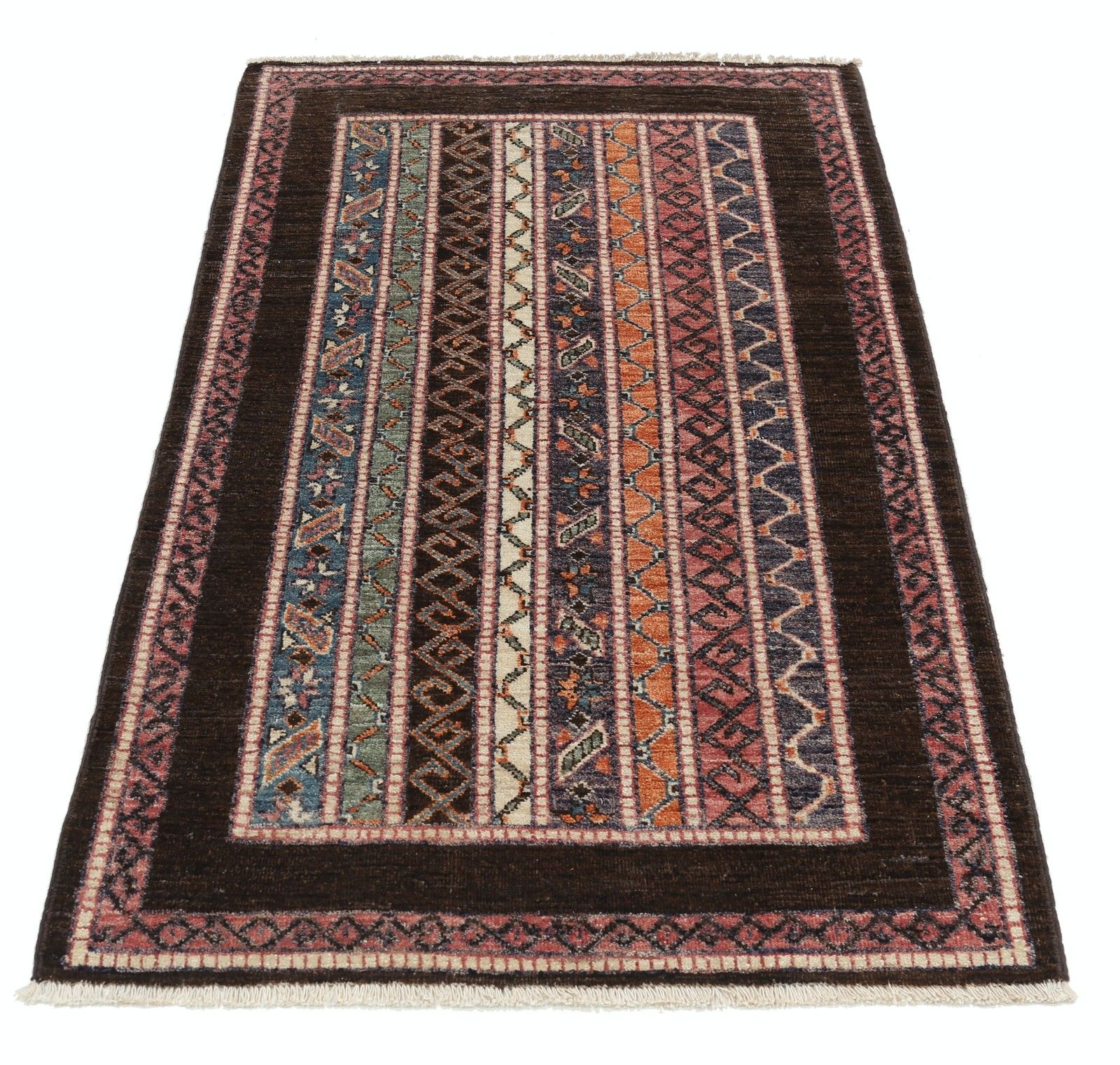 3x5 Ft Kleurrijk Handgeknoopt Oushak Wollen Vloerkleed. Turks Gestreept Motief Accentkleed photo Textiel