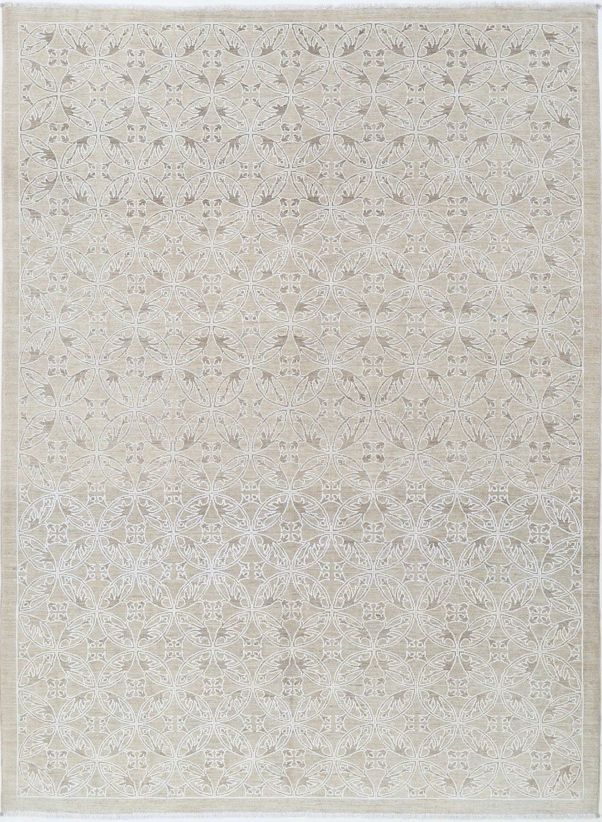 6.2x8.5 Ft Hand Knotted Beige Wool Area Rug. Turkish Leaf Trellis Design Carpet