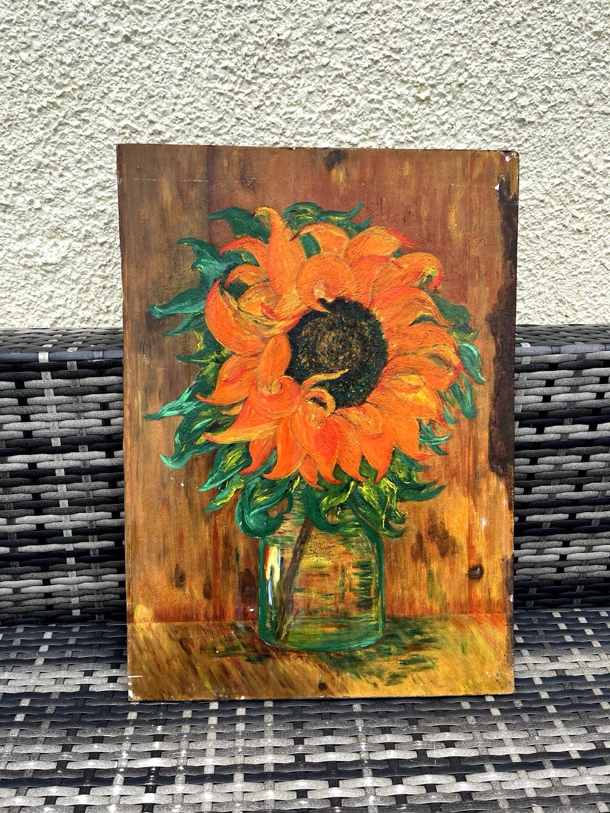 Vintage Original Floral Sunflower Still Life Oil Board Painting Van Gogh Style photo furniture