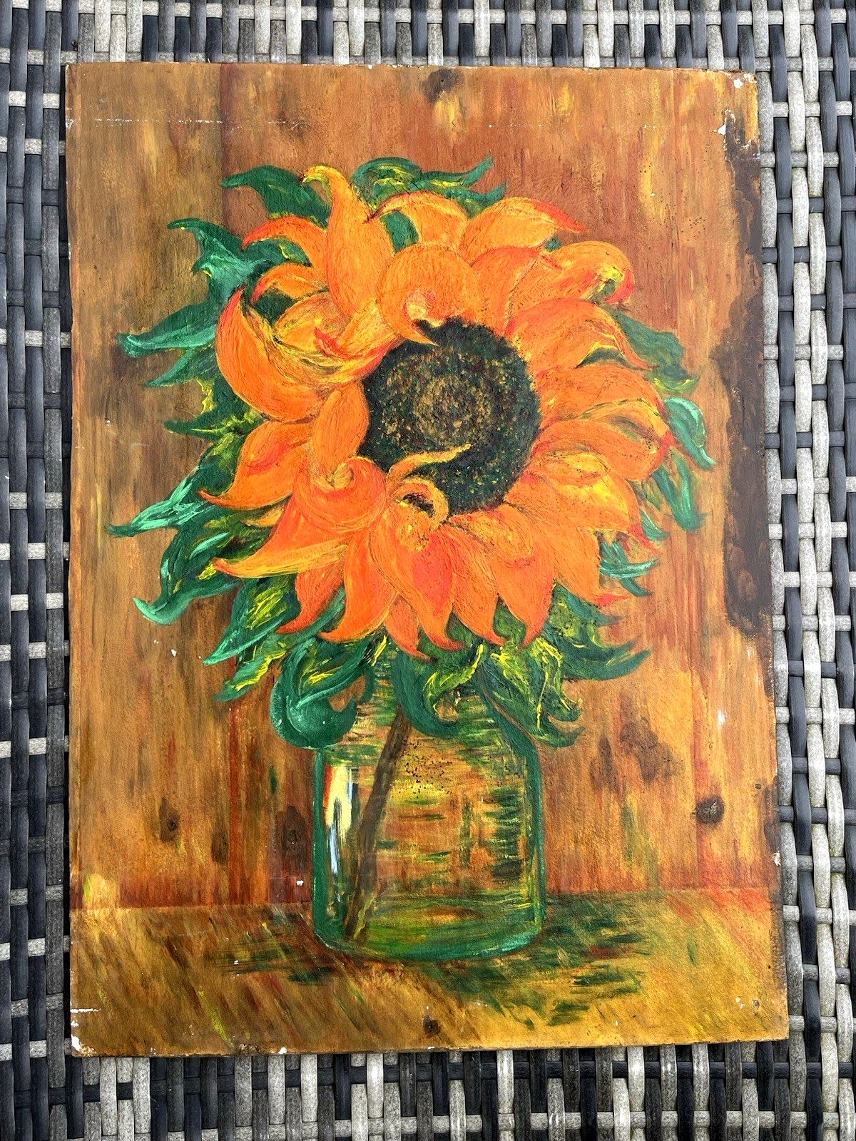 Vintage Original Floral Sunflower Still Life Oil Board Painting Van Gogh Style photo for sale