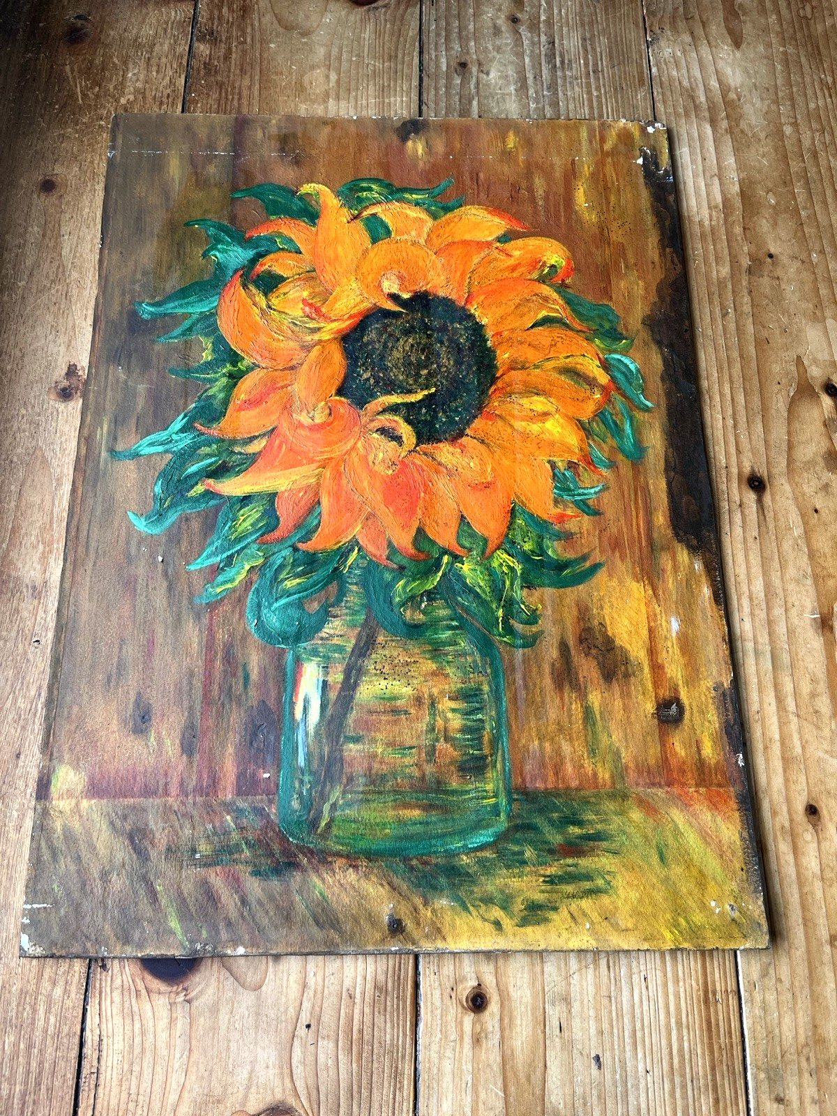 Vintage Original Floral Sunflower Still Life Oil Board Painting Van Gogh Style photo Art