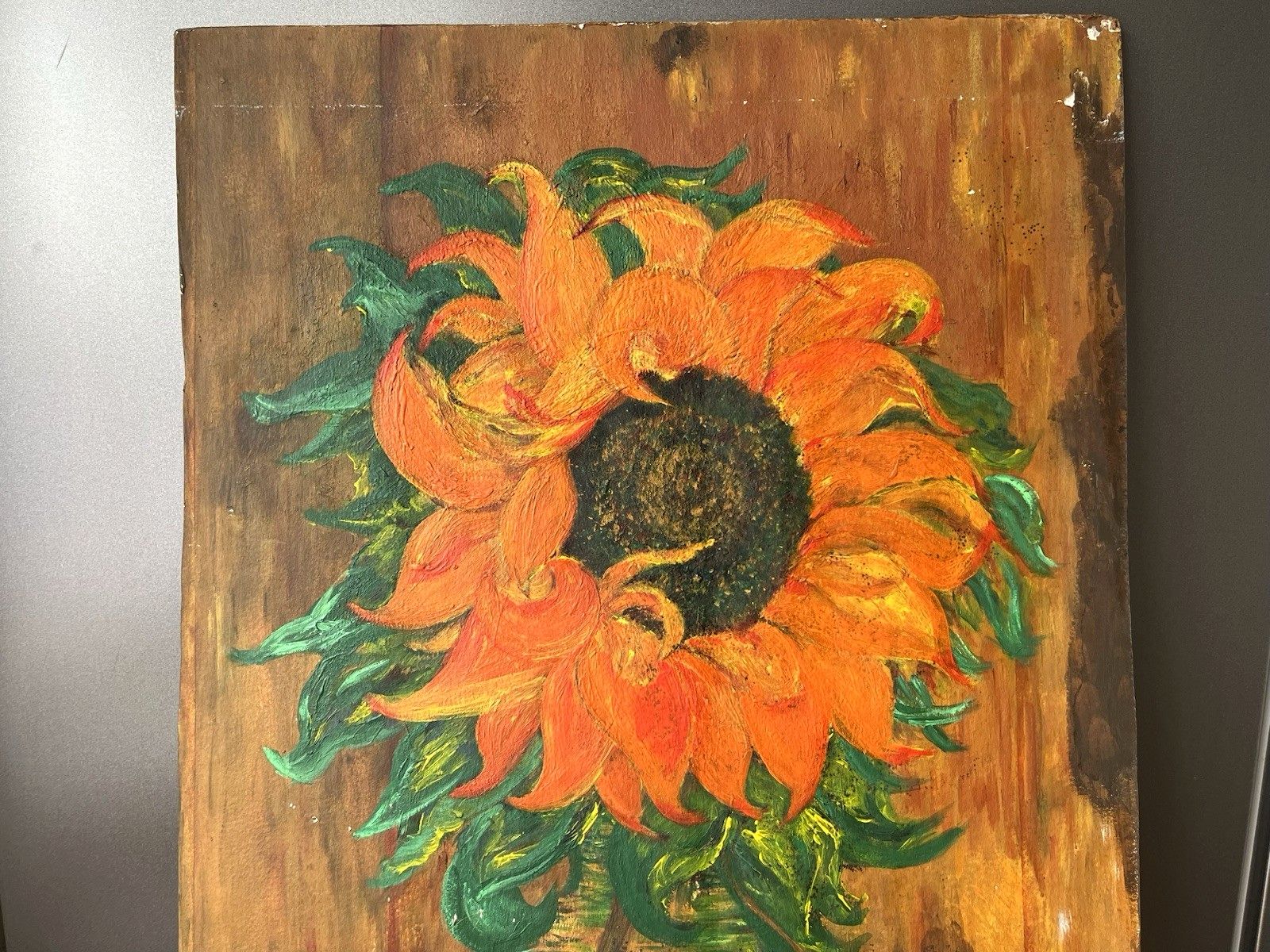 Vintage Original Floral Sunflower Still Life Oil Board Painting Van Gogh Style photo vinterior