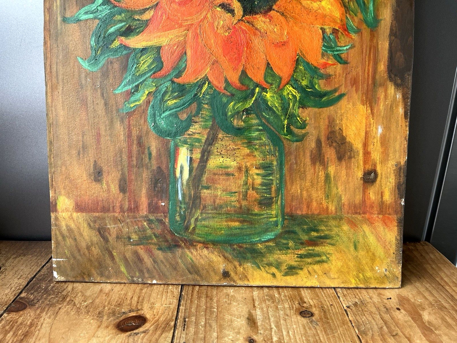 Vintage Original Floral Sunflower Still Life Oil Board Painting Van Gogh Style photo buy