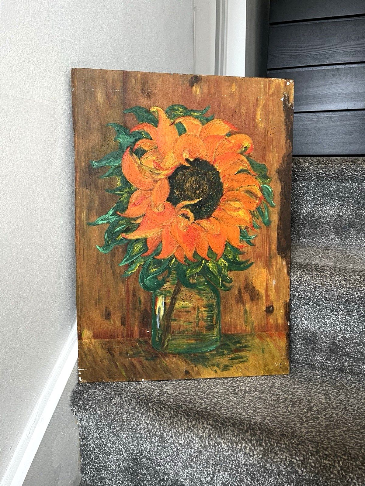 photo furniture Vintage Original Floral Sunflower Still Life Oil Board Painting Van Gogh Style