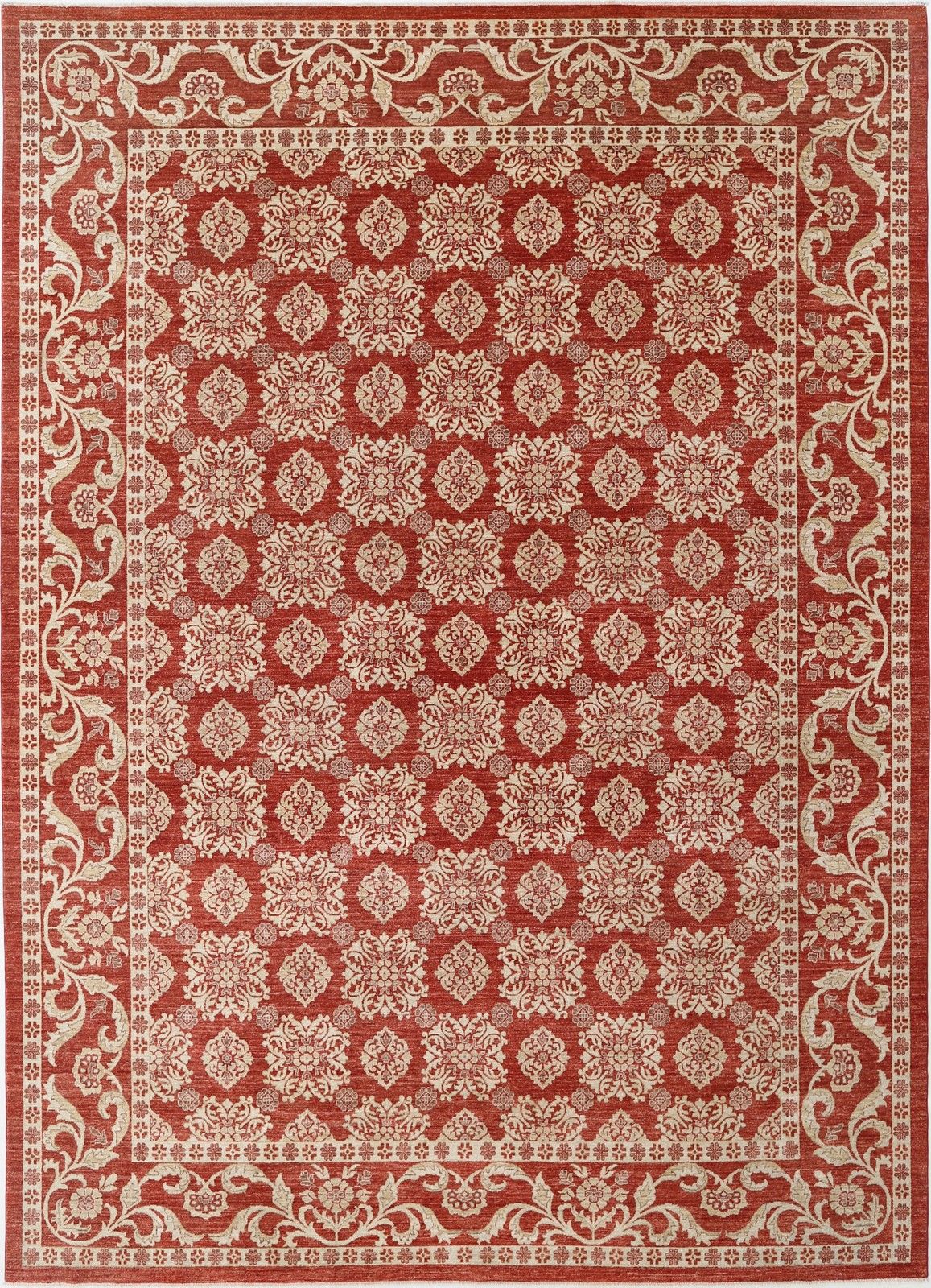 10x13.7 Ft Hand Knotted Red, Ivory Large Area Rug. Turkish Floral Design Carpet