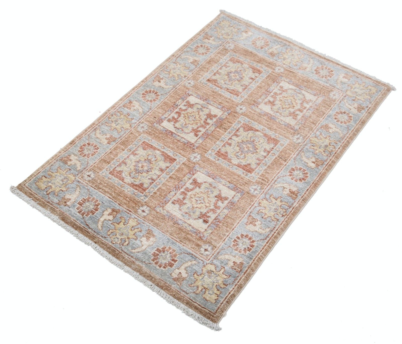 2x3.3 Ft Hand Knotted Coral, Gray, Ivory Wool Accent Rug With Geometric Design photo for sale