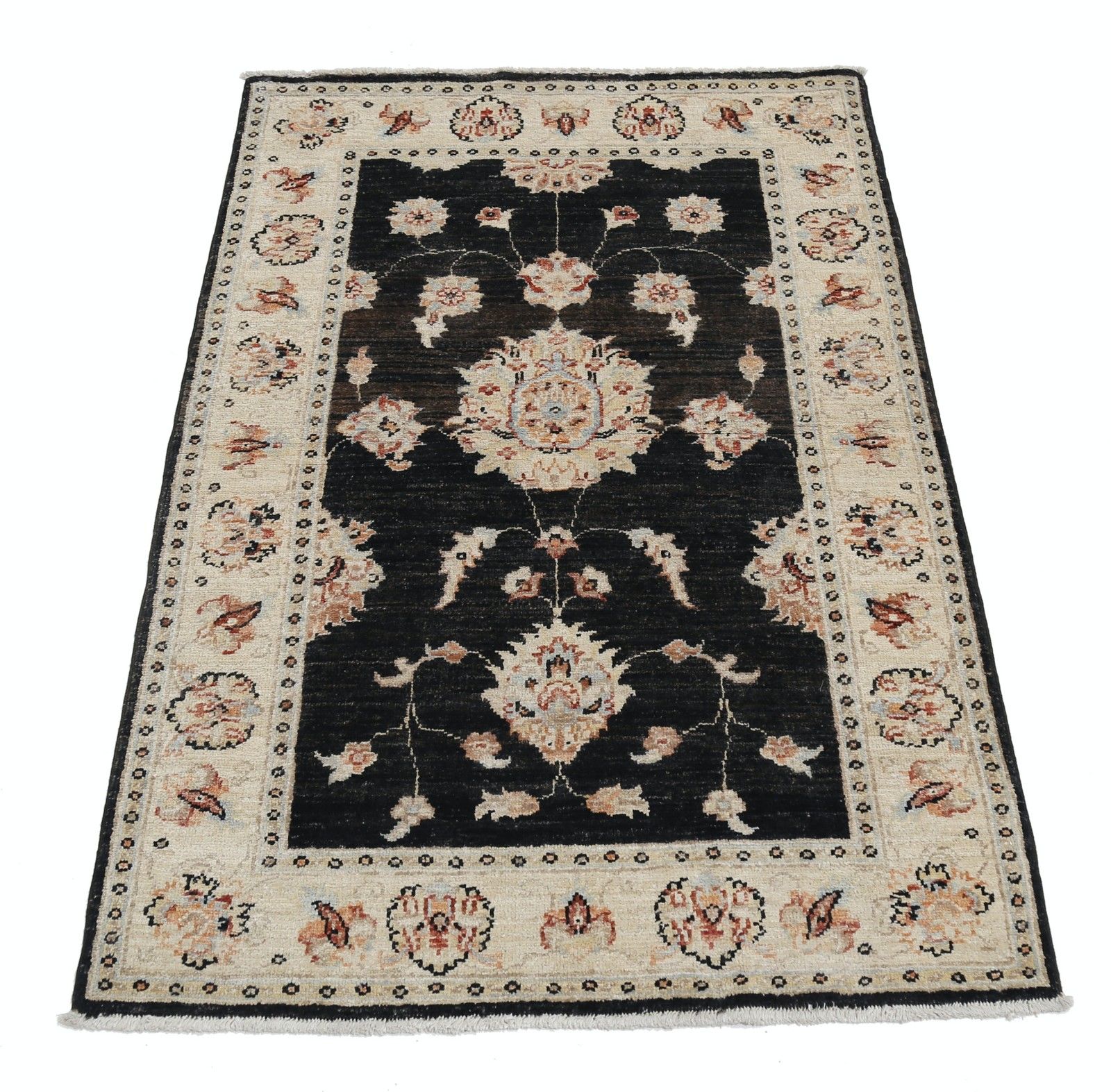 Tapis turc à motifs floraux noué à la main, 84 x 120 cm, en noir et ivoire. 100 % laine photo Textiles