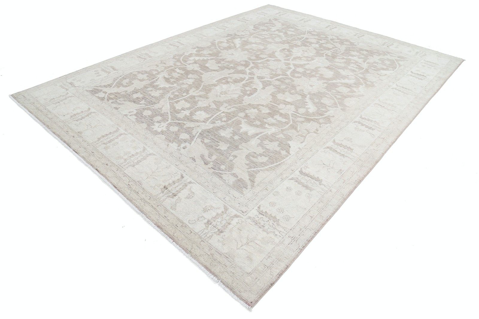 Tapis de sol noué à la main, ivoire et gris, en laine, 270 x 361 cm - style Oushak turc photo for sale