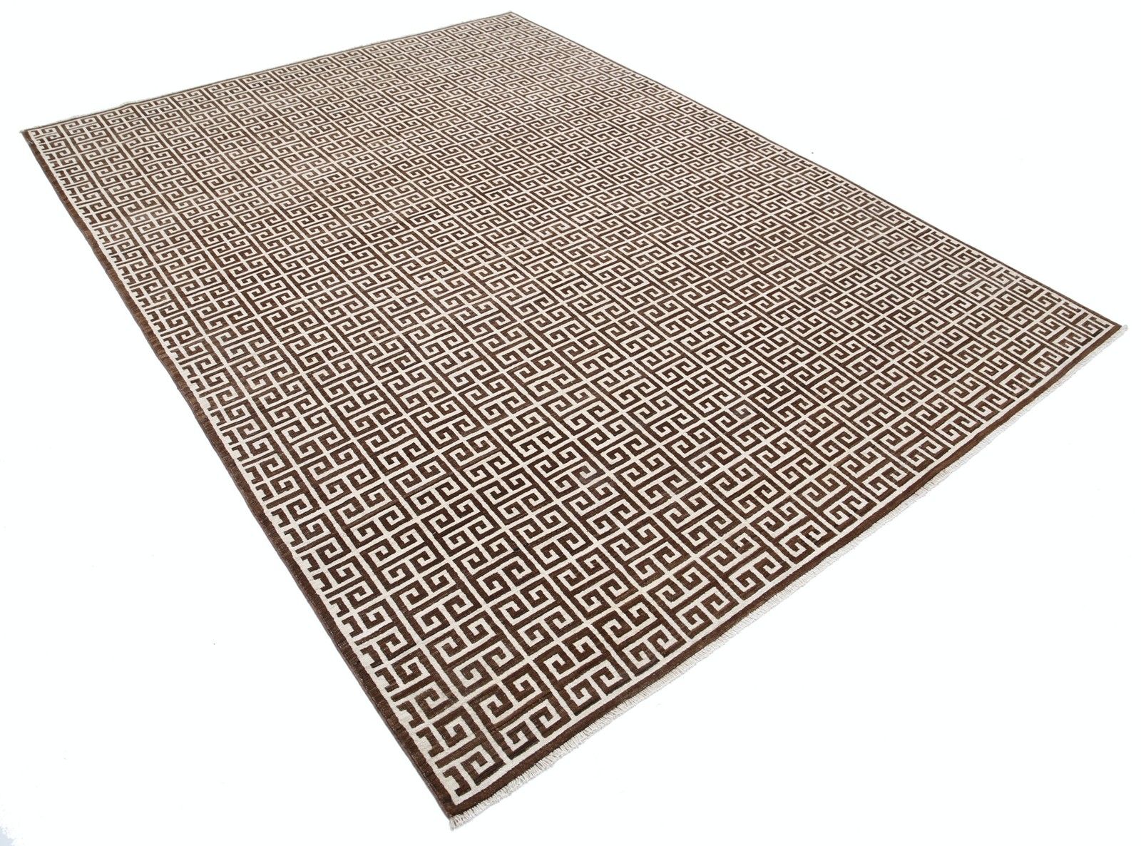7x9,3 ft Handgeknoopt Turks Wollen Vloerkleed. Beige en Bruin Grieks Sleutelpatroon Vloerkleed photo furniture