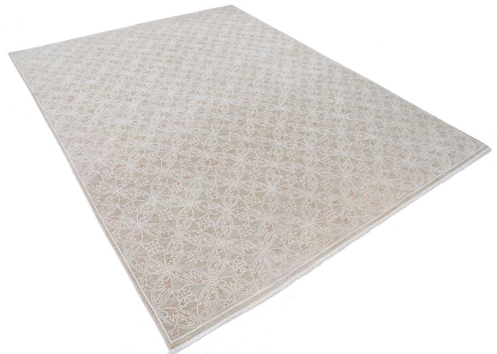 Tapis en laine noué à la main, beige et ivoire, 7 x 9 pi. Tapis turc à motif de treillis photo furniture
