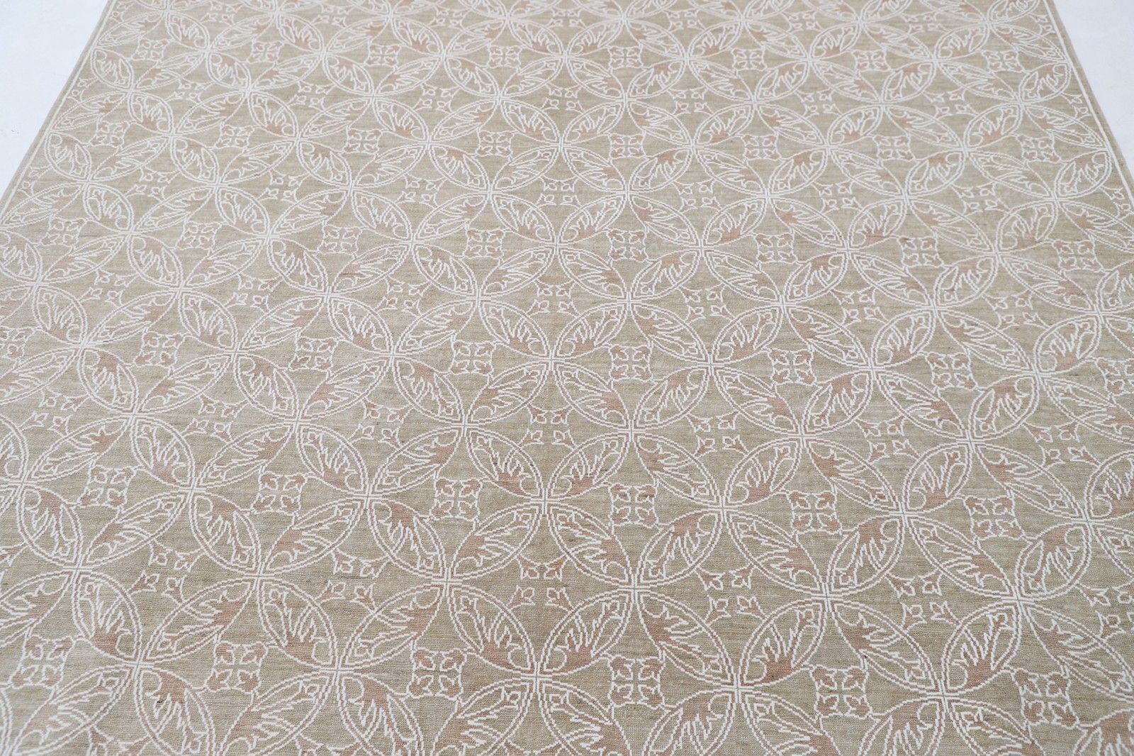 7x9 Ft Handgeknoopt Beige, Ivoor Wollen Vloerkleed. Turks Trellis Dessin Tapijt photo for sale
