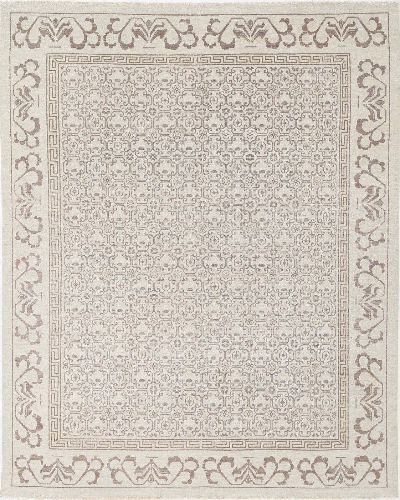 Tapis de salon noué à la main, grand format 9 x 11,2 ft, beige, motif Damask