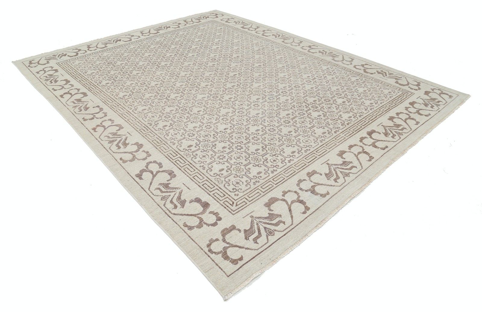9x11.2 Ft Handknotted Beige Large Area Rug For Living Room. Damask Design Carpet photo furniture