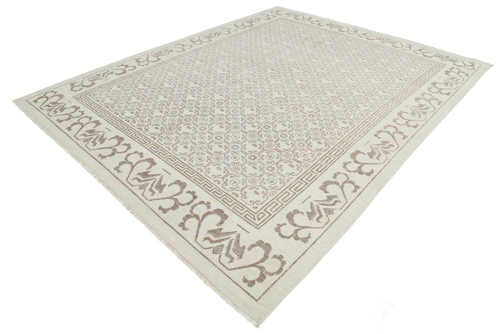 9x11.2 Ft Handknotted Beige Large Area Rug For Living Room. Damask Design Carpet photo for sale