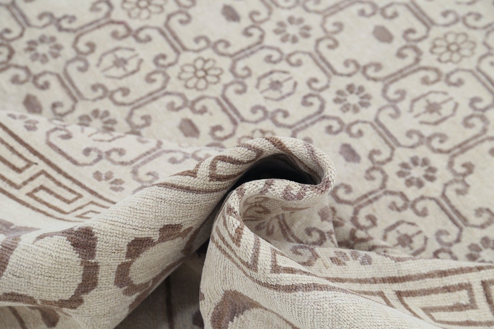 Tapis de salon noué à la main, grand format 9 x 11,2 ft, beige, motif Damask photo buy