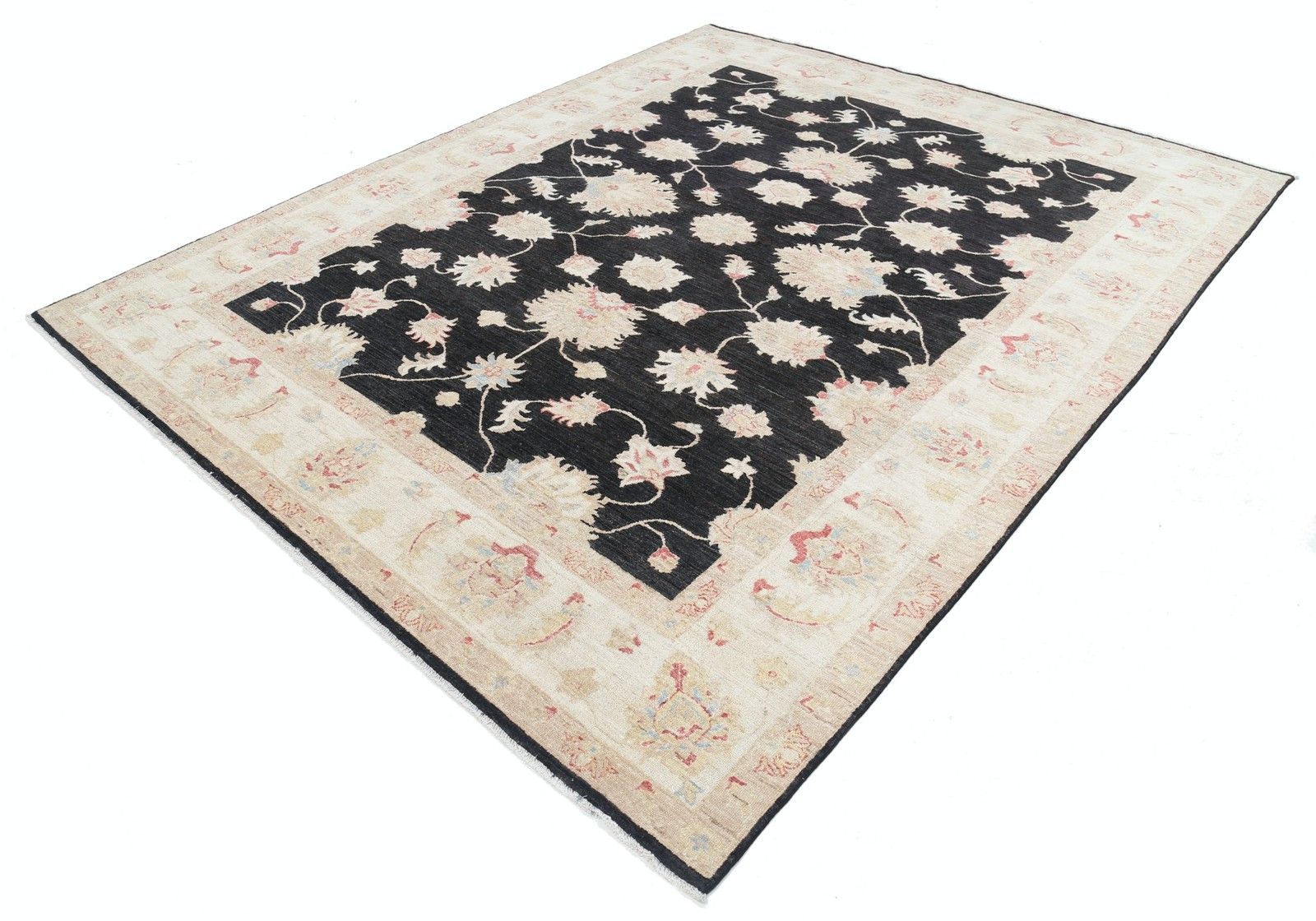 8x9.8 Ft Hand Knotted Floral Area Rug In Black And Ivory. 100% Wool Carpet photo for sale