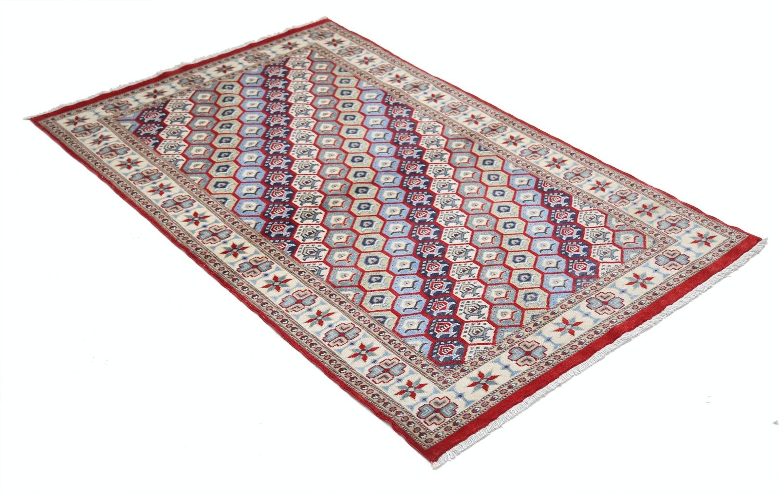 3,2x5 Ft Handgeknoopt Vloerkleed in Rood, Ivoor en Marineblauw met Hexagonaal Latwerk Dessin photo for sale