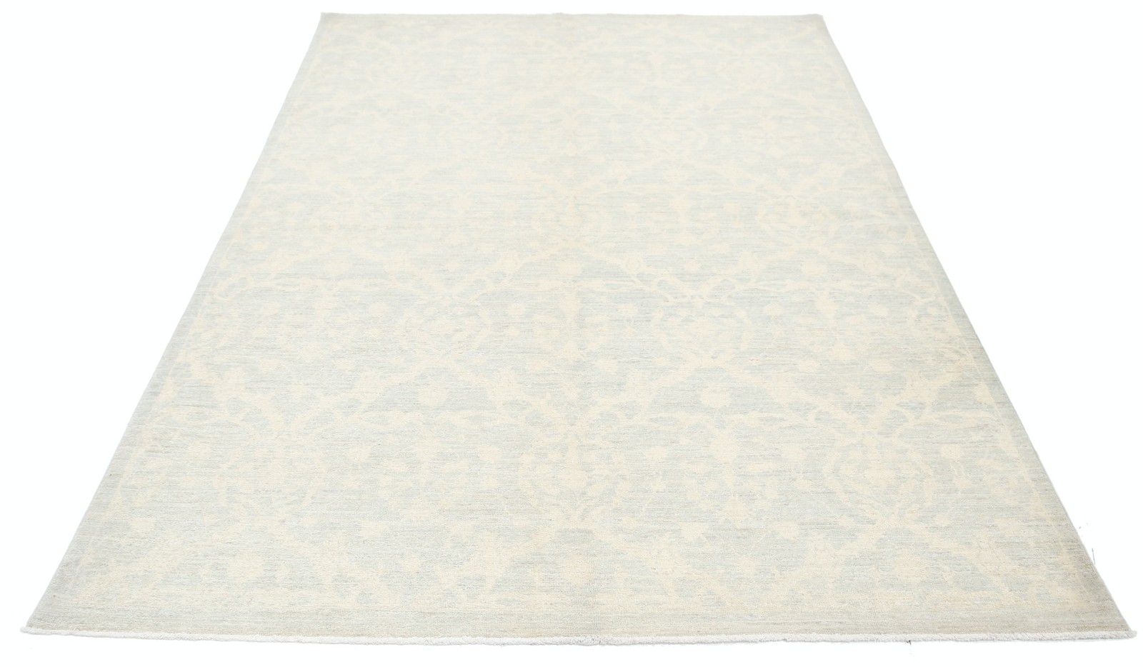 Tapis en laine fait main, bleu clair et ivoire, motif floral en treillis, 1,66 x 2,37 m photo Textiles